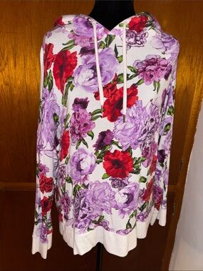 Victoria’s Secret Floral Hoodie Soft Sweater Top in Red & Lavender SZ XL